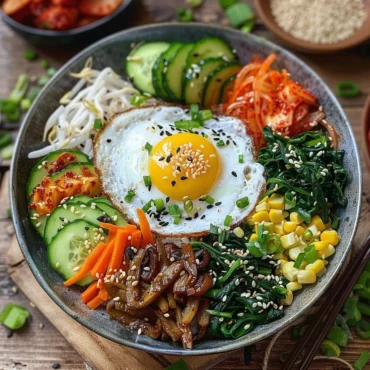 Traditional Bibimbap with rice, sautéed vegetables, sunny-side-up egg, and gochujang, garnished with sesame seeds and sesame oil, served with kimchi on a rustic wooden table.