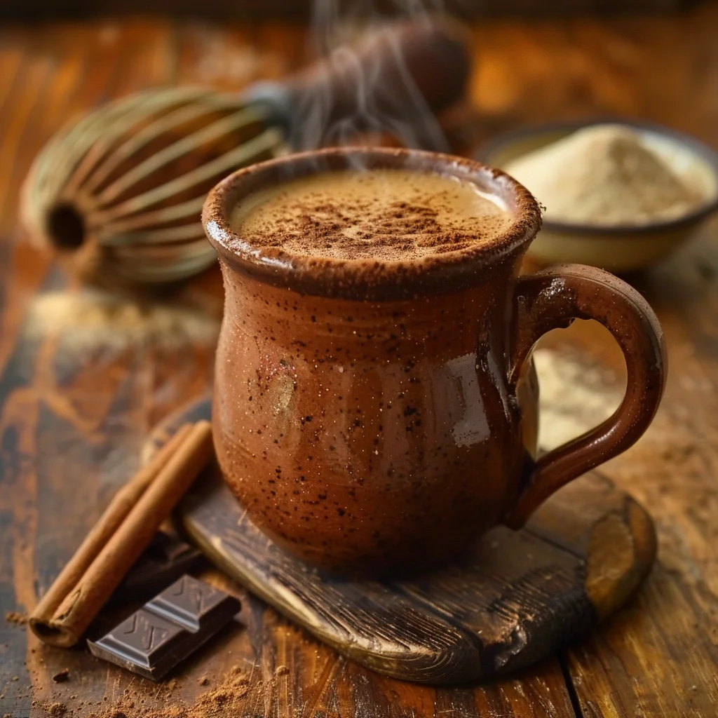 Steaming mug of champurrado (Mexican hot chocolate) with molinillo and ingredients