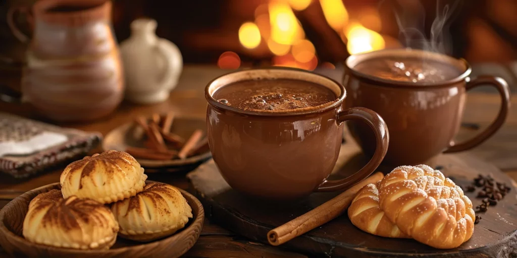Mugs of champurrado served with Mexican sweet breads on a rustic table by a fireplace