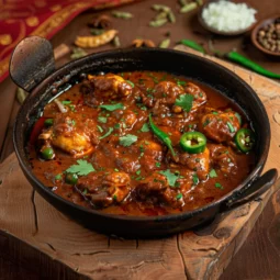 Chicken Achari in a traditional kadhai, garnished with green chilies and cilantro, surrounded by whole pickling spices on a rustic wooden surface.