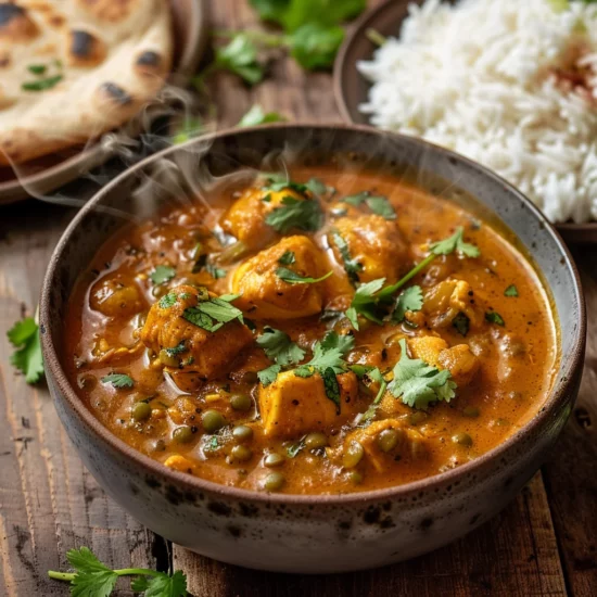 Chicken Dhansak: A hearty Parsi curry with chicken and lentils, served with rice and naan