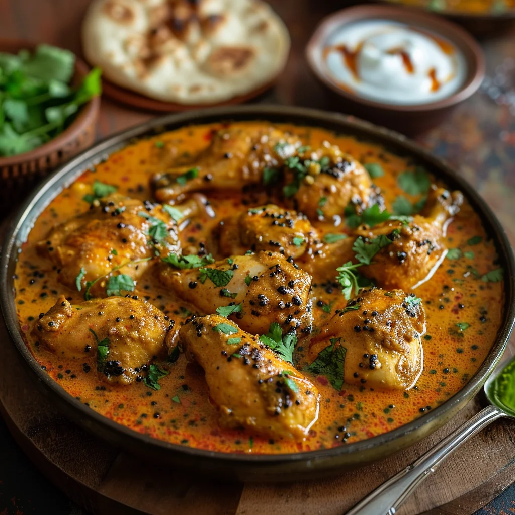 Rich and creamy Chicken Kali Mirch garnished with fresh coriander leaves and crushed Kasuri Methi, served with Lachha Paratha on a rustic wooden table.