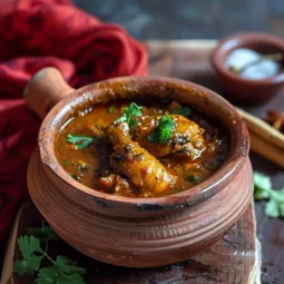 Chicken Kuzhambu in a traditional clay pot, garnished with cilantro and surrounded by whole spices on a rustic wooden surface