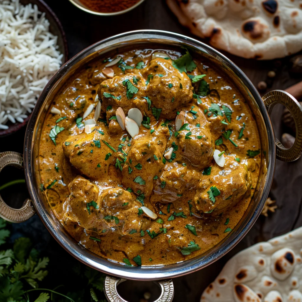 Chicken Shahi Korma served in a copper bowl with naan bread and rice, surrounded by whole spices