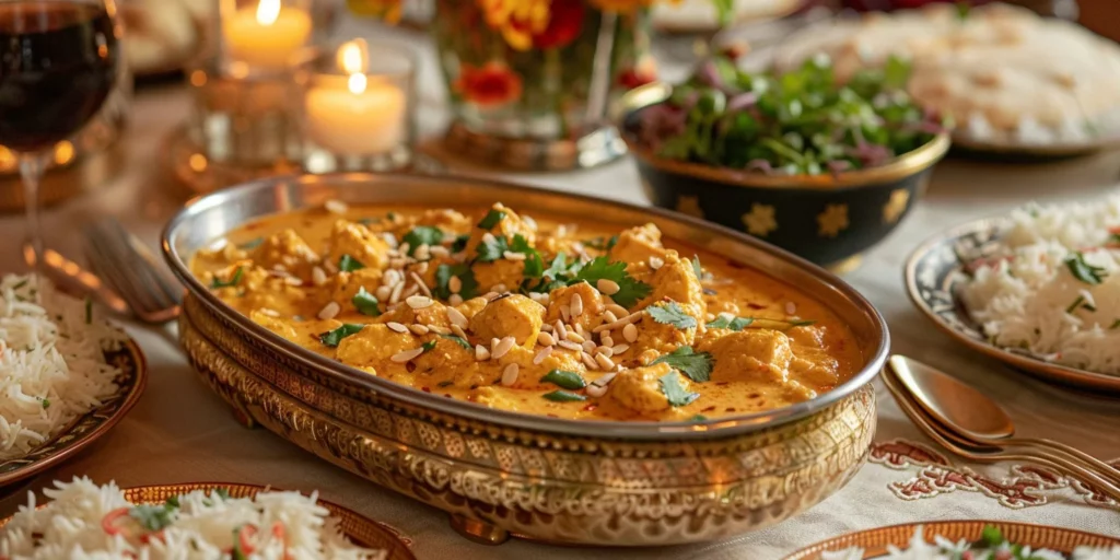 Elegant table setting with Chicken Shahi Korma, rice, naan, and salad, decorated with candles and flowers