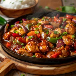 Sizzling platter of Chicken Shashlik with Gravy, featuring chicken, bell peppers, and onions in a glossy sauce, served with rice