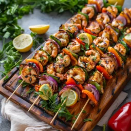 Grilled chicken and shrimp kabobs with bell peppers and onions, served on a rustic wooden board with lemon wedges and fresh herbs.