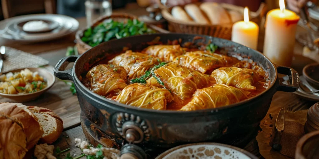 Family dinner table set with a pot of Polish Gołąbki (stuffed cabbage rolls), bread, and place settings