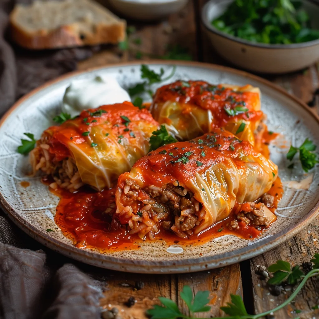 Polish Gołąbki (stuffed cabbage rolls) served on a rustic plate with tomato sauce and garnishes