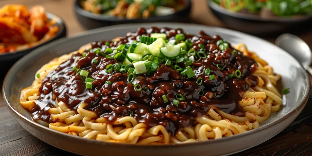A bowl of piping hot Jajangmyeon, with chewy noodles coated in glossy black bean sauce and topped with vegetables and garnishes.
