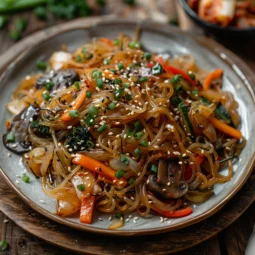 Traditional Japchae with sweet potato starch noodles, sautéed vegetables, and beef, garnished with sesame seeds and sesame oil, served with kimchi on a rustic wooden table.