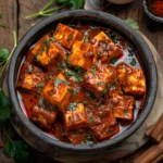 Traditional Kashmiri Laal Paneer with fiery red gravy, garnished with whole spices, served with phulka on a rustic wooden table.