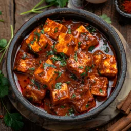 Traditional Kashmiri Laal Paneer with fiery red gravy, garnished with whole spices, served with phulka on a rustic wooden table.