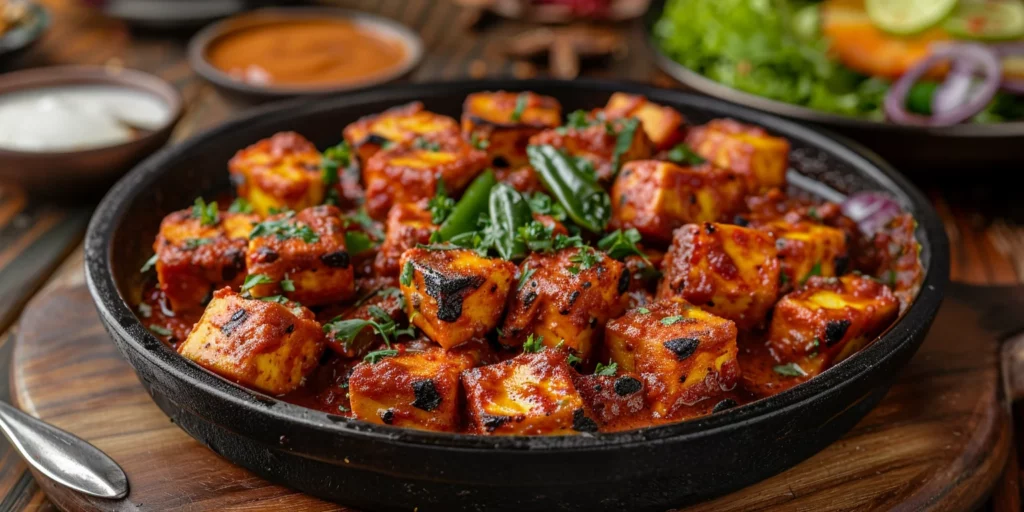 Serving platter filled with traditional Kashmiri Laal Paneer, with paneer cubes in a rich, fiery red gravy, garnished with whole spices, accompanied by bowls of phulka and salad on a cozy dining table.