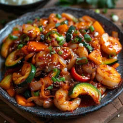 Ojingeo Bokkeum - Tender squid pieces coated in a spicy red sauce, served with stir-fried vegetables and garnished with green onions and sesame seeds.