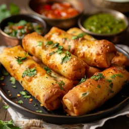 Crispy Paneer Bread Rolls, golden brown and garnished with coriander leaves, served with green chutney and tomato sauce on a rustic wooden table.