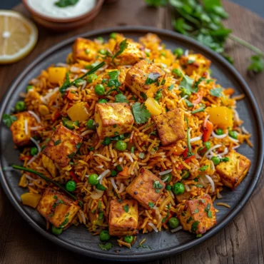 Traditional Paneer Fried Rice with golden brown paneer cubes, mixed vegetables, and garnished with fresh coriander leaves, served with raita on a rustic wooden table.