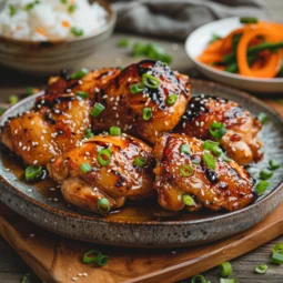 Soy Garlic Chicken thighs glazed with a glossy sauce, garnished with green onions and sesame seeds, served with steamed rice and a side salad.