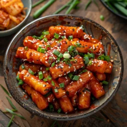 Tteokbokki - Chewy rice cakes coated in a spicy red sauce, served with fish cakes, cabbage, and green onions, garnished with sesame seeds.