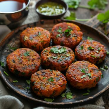 Golden brown and crispy Veg Shami Kebabs garnished with fresh coriander leaves, served with green chutney and a cup of tea on a rustic wooden table.