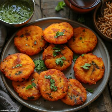 Bengali aloo chop snacks served in a plate, garnished with fresh coriander leaves.