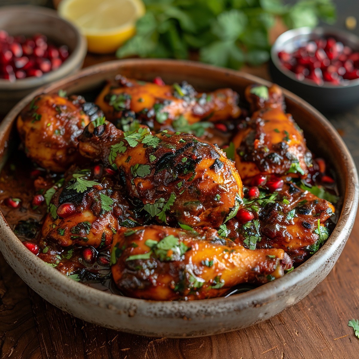 Tangy and flavorful Anardana Chicken garnished with fresh coriander leaves, served in a rustic bowl with lemon slices and dried pomegranate seeds on a wooden table.