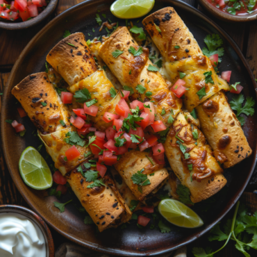 Crispy Baked Green Chile Chicken Taquitos, golden brown and garnished with cilantro and diced tomatoes, served with sour cream and lime wedges on a rustic wooden table.