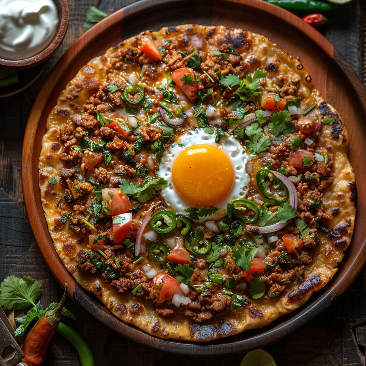 Traditional Newari Chatamari, rice flour crepe topped with minced meat, vegetables, and egg, garnished with coriander leaves, served with yogurt on a rustic wooden table.