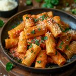 Creamy Pasta Pomodoro with rigatoni, rich tomato sauce, garnished with parsley and olive oil, served with Parmesan cheese on a rustic wooden table.