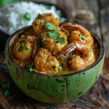 Beautifully presented Daab Chingri, a traditional Bengali prawn curry served inside a tender coconut, garnished with fresh coriander leaves and green chilies on a rustic wooden table.