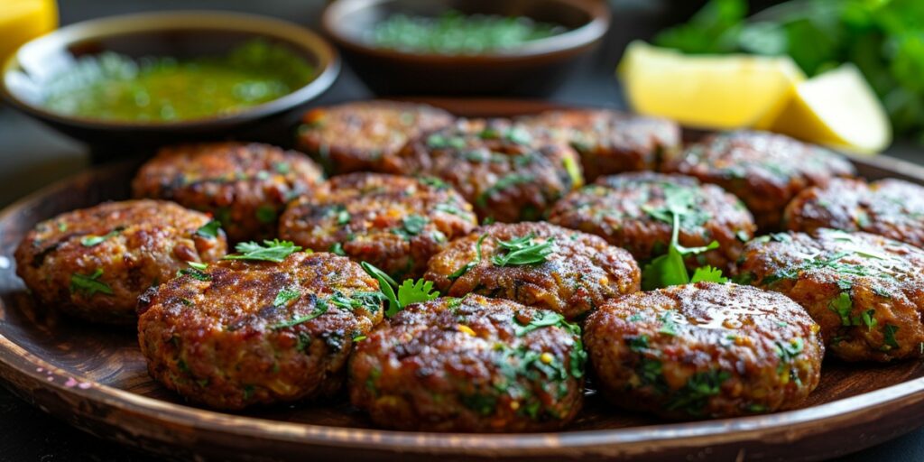Serving platter filled with golden brown Galouti Kebabs, garnished with fresh coriander leaves, accompanied by bowls of mint chutney and lemon wedges on a cozy dining table.