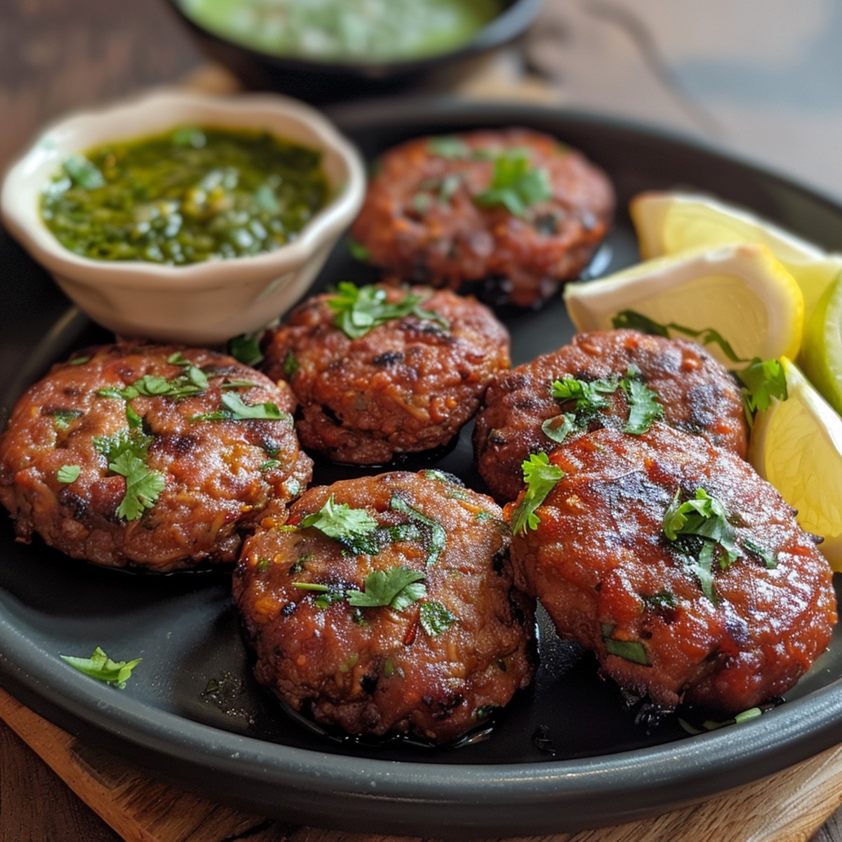 Golden brown Galouti Kebabs garnished with fresh coriander leaves, served with mint chutney and lemon wedges on a rustic wooden table.