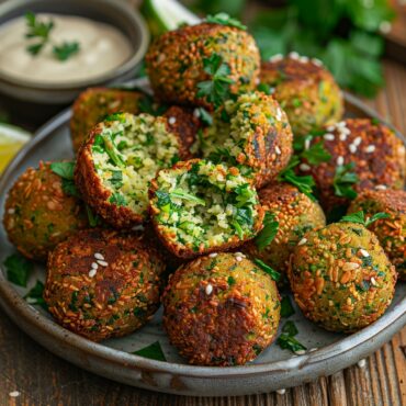 Traditional homemade falafel, golden-brown and crispy, garnished with parsley and sesame seeds, served with tahini sauce on a rustic wooden table.