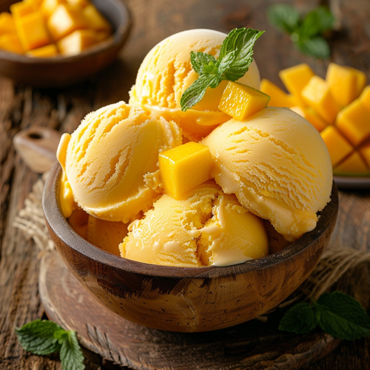 Creamy and refreshing Homemade Mango Ice Cream garnished with fresh mango chunks, served with fresh mango slices on a rustic wooden table.