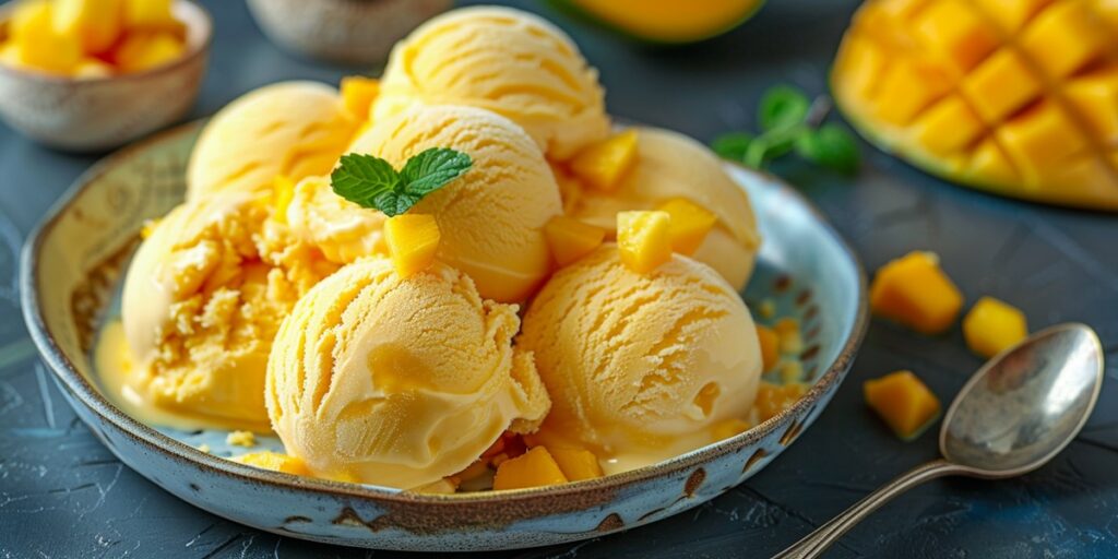 Serving platter filled with creamy Homemade Mango Ice Cream, garnished with fresh mango chunks, accompanied by bowls of fresh mango slices on a cozy dining table.