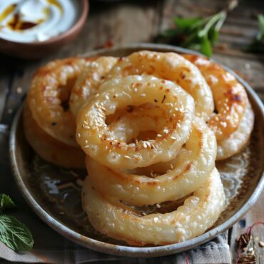 Traditional Nepalese Sel Roti, ring-shaped sweet bread, garnished with sesame seeds, served with yogurt on a rustic wooden table.