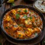 Traditional Paneer Do Pyaza with golden brown paneer cubes in a rich, flavorful gravy, garnished with fresh coriander leaves, served with roti on a rustic wooden table.