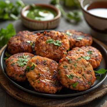 Golden brown and crispy Parsi Chicken Cutlets garnished with fresh coriander leaves, served with green chutney and a cup of tea on a rustic wooden table.
