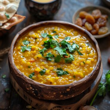 Vibrant yellow Cholar Dal garnished with fresh coriander leaves and coconut slices, served with luchi and a cup of tea on a rustic wooden table.