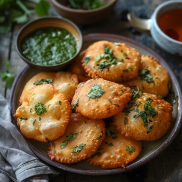 Golden brown and crispy Hing Kachoris garnished with fresh coriander leaves, served with green chutney and a cup of tea on a rustic wooden table.