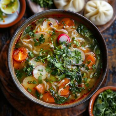 Traditional Vegetarian Thukpa, a noodle soup with a clear broth, fresh vegetables, and hand-rolled noodles, garnished with coriander and lemon, served with steamed momos on a rustic wooden table.
