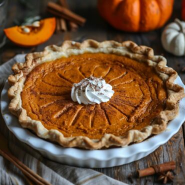 Classic Vegan Pumpkin Pie with a golden-brown crust, creamy pumpkin filling, garnished with cinnamon and vegan whipped cream, served on a rustic wooden table.