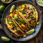 Jerk Spiced Vegan Tacos with jackfruit, mango avocado salsa, and creamy jerk aioli, garnished with cilantro and lime wedges, served on a rustic wooden table.
