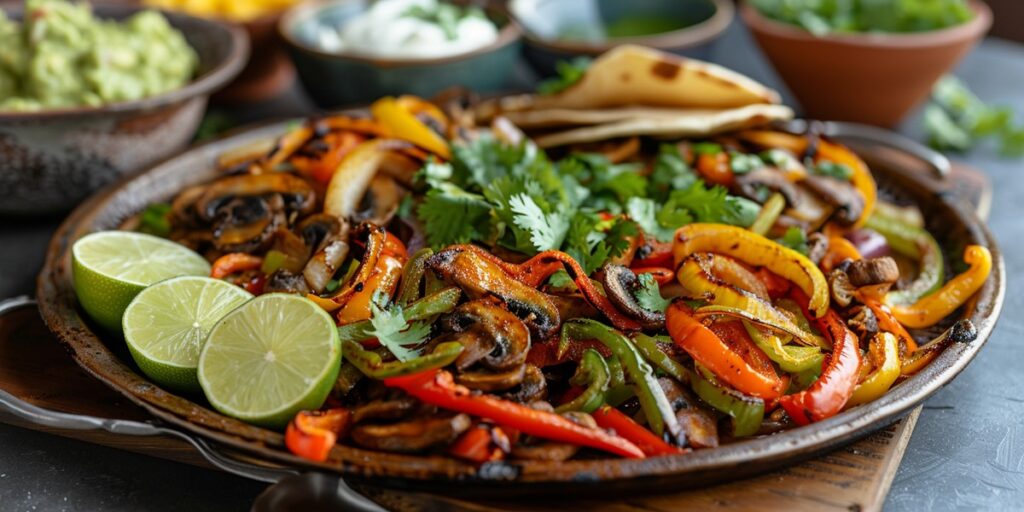 Serving platter filled with colorful Veggie Fajitas, with bell peppers, onions, and mushrooms, garnished with fresh cilantro and lime wedges, accompanied by bowls of guacamole, pico de gallo, and sour cream on a cozy dining table.