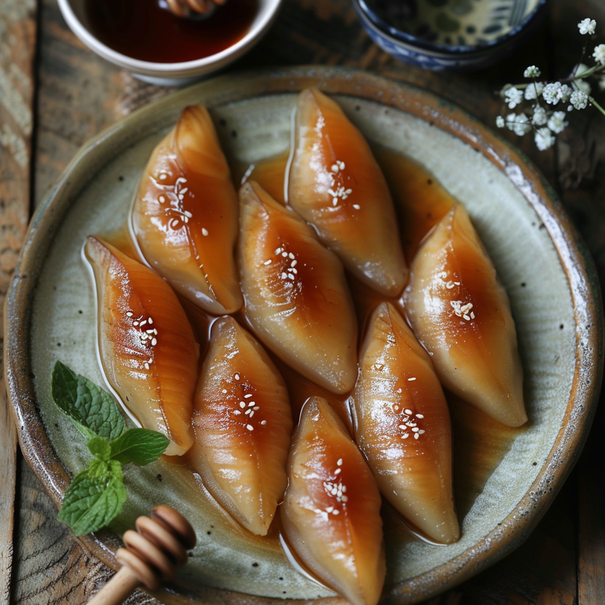 Traditional Newari Yomari dumplings with chaku filling, garnished with sesame seeds, served with honey on a rustic wooden table.
