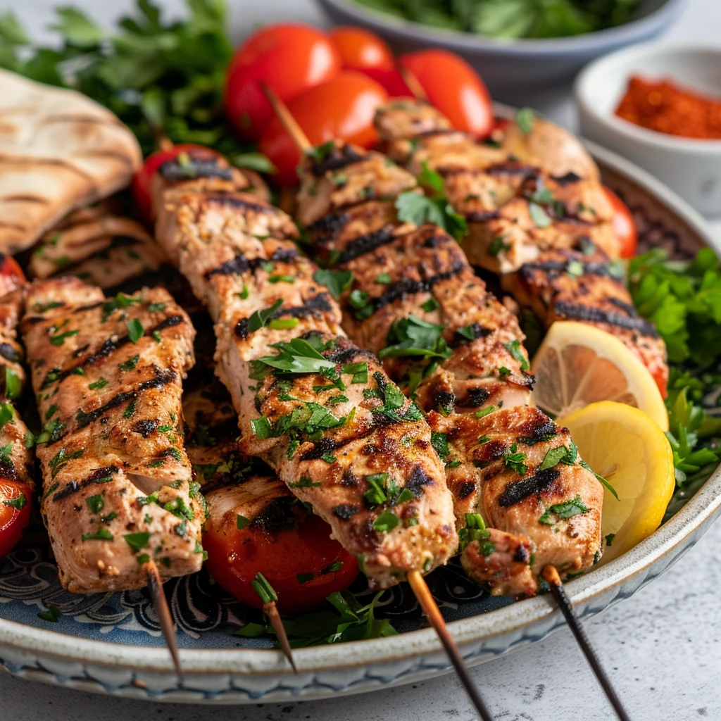 Grilled Chicken Koobideh kebabs served with tomatoes, herbs, and lemon on a Persian platter
