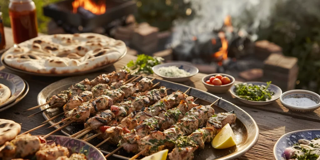 Outdoor dining table set with Chicken Koobideh kebabs and traditional Persian accompaniments