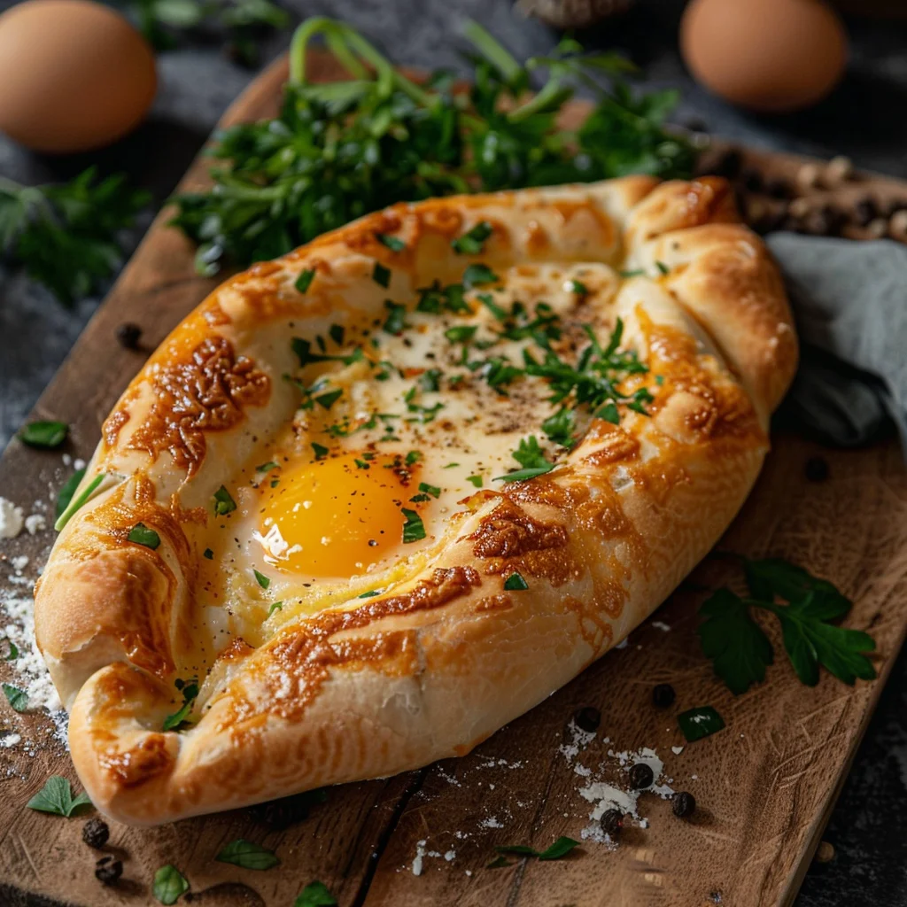 Freshly baked Adjaruli khachapuri with melted cheese and egg yolk on a wooden board